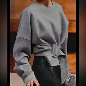 Uoozee Long Sleeve Loose Sweatshirt Belt Buckle Solid Color Round-Neck Tops XL